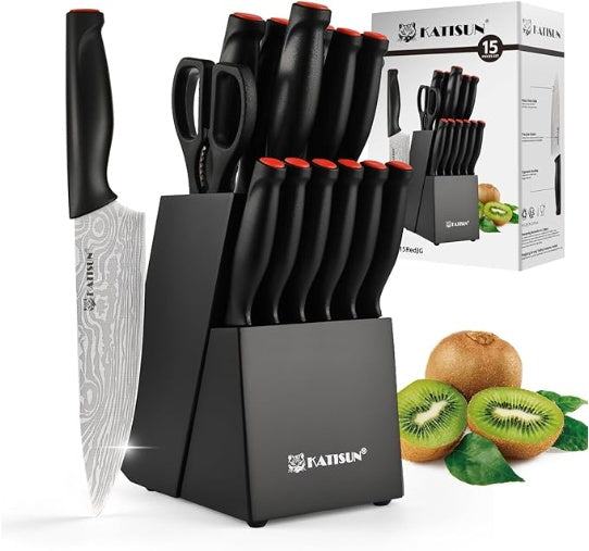 Damascus Pattern 15-Piece Kitchen Knife Set With Block, High Carbon Steel Chef Knife, Includes Sharpener And Scissors, Ergonomic Black Anti-Slip Handle And Red Trim