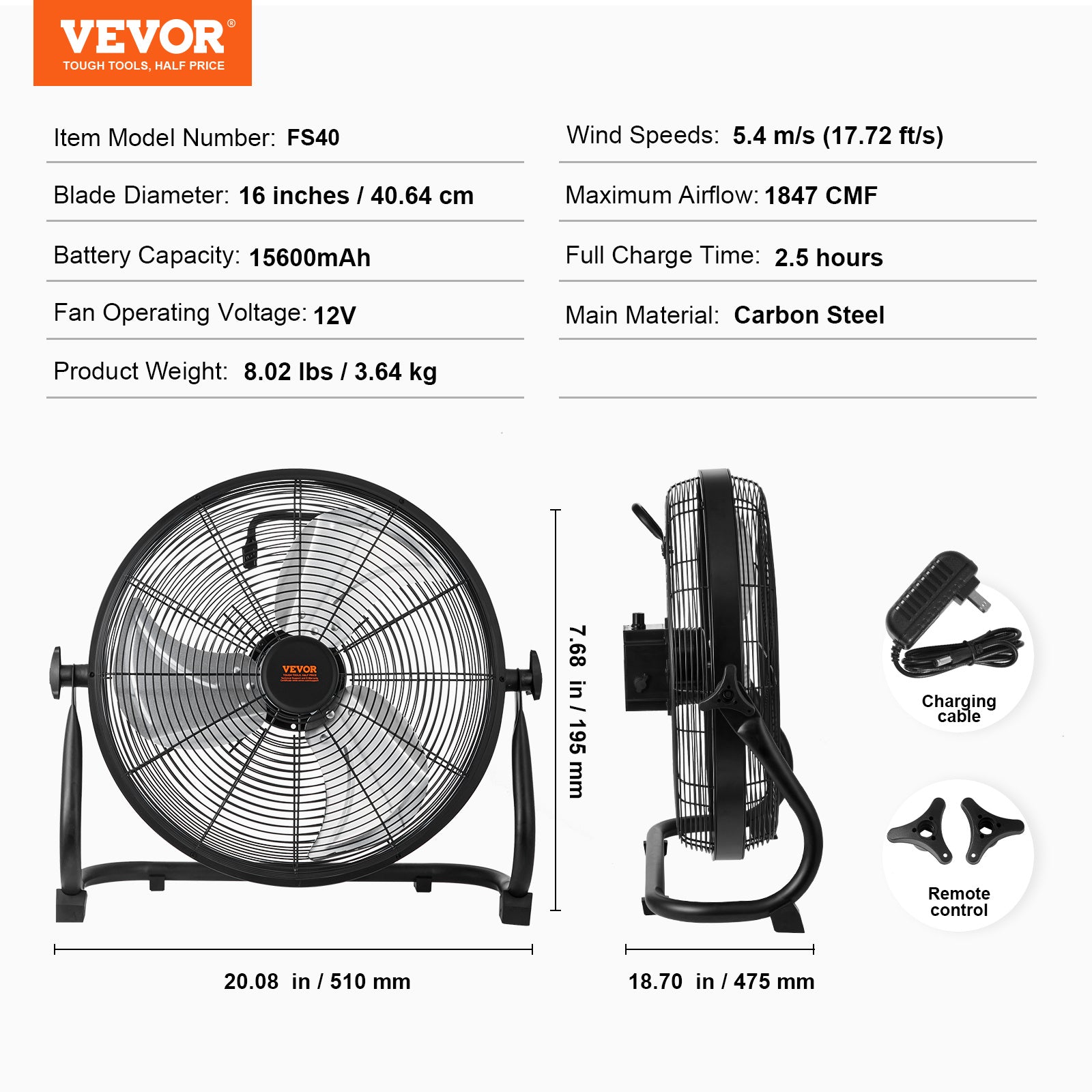 VEVOR Cordless Fan 16 In — Portable Quiet Personal Fan for Home & Office, 360° Pivot, Stepless Speed, 15600mAh