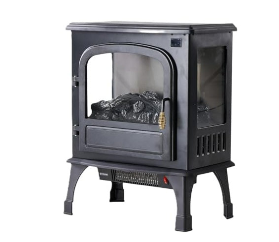 Coocosh Electric Stove Heater with realistic log-cast flame effect, sleek black finish, compact dimensions for indoor spaces, featuring a glass front and adjustable temperature controls for cozy warmth.