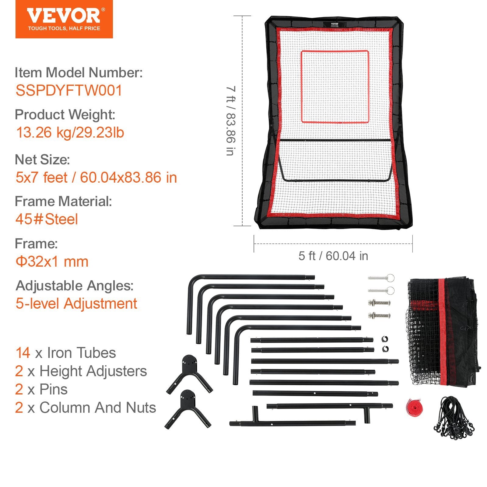 VEVOR Lacrosse Rebounder For Backyard, 5x7 Ft Volleyball Bounce Back Net, Pitchback Throwback Baseball Softball Return Training Screen, Adjustable Angle Shooting Practice Training Wall With Target