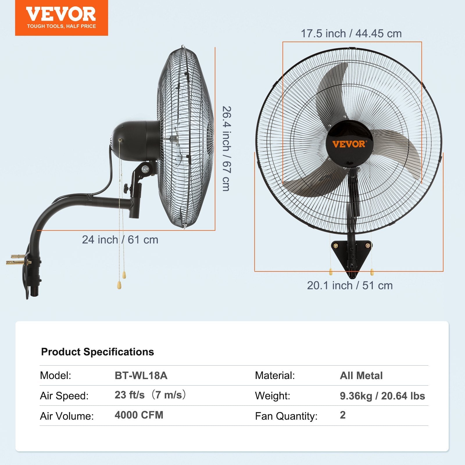VEVOR Wall Mount Fan — 2-Pack 18" Oscillating High-Velocity (4000 CFM)