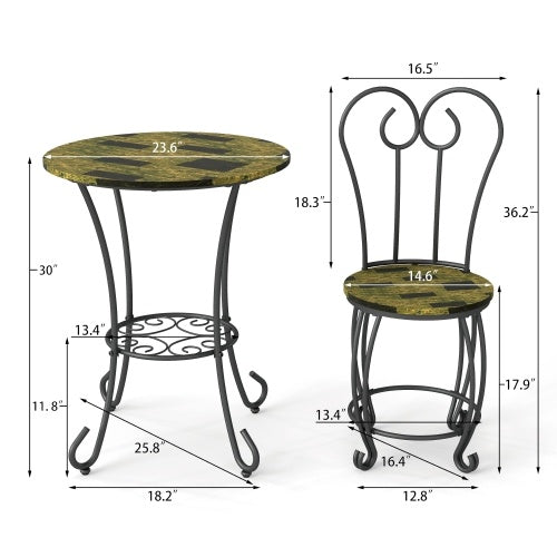 Elegant outdoor bistro set featuring a round table with a unique striped design and a decorative chair. The furniture is crafted from durable metal with a gold finish, table dimensions are 23.6" diameter x 30" height, chair dimensions 16.5" width x 36.2" 