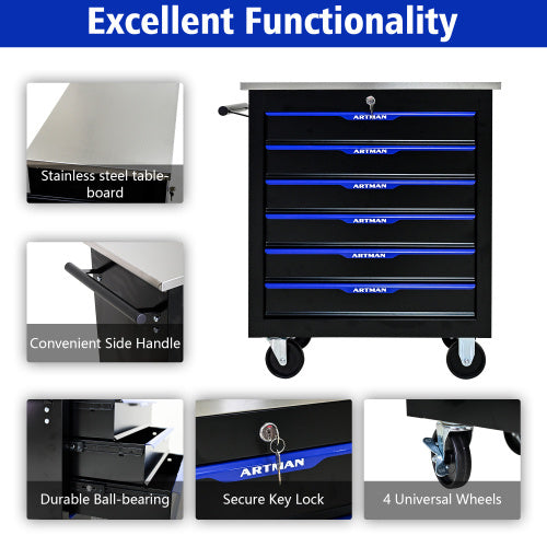 6-Drawer Multifunctional Rolling Tool Cart with Wheels — Black/Blue