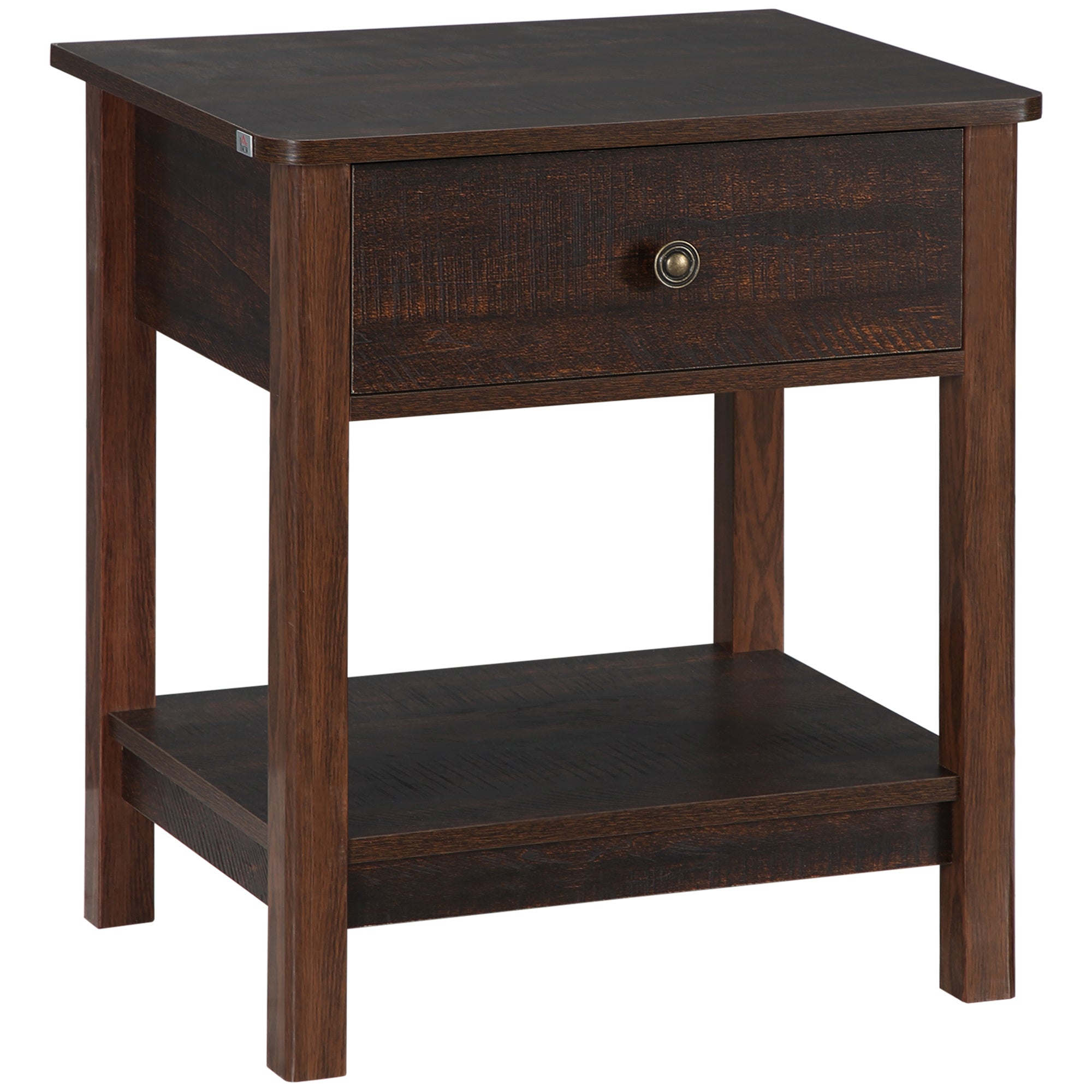 Coocosh dark brown wooden end table with one drawer and lower shelf, showcasing its rich wood grain texture from a frontal angled view.