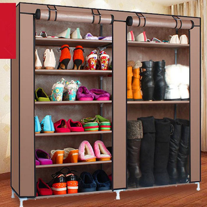 Double Row 9-Grid Non-woven Shoe Cabinet Boots - Coffee