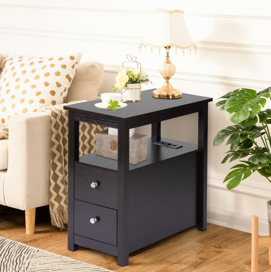 Transitional Nightstand W USB Charging Station,2-Drawer Storage Cabinet Espresso