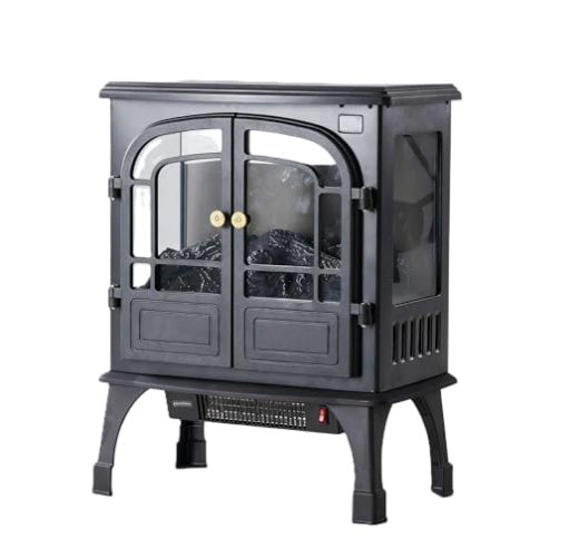 Coocosh electric fireplace stove designed for modern living rooms, featuring a stunning 3D flame effect, remote control functionality, and a sleek black metal finish for stylish warmth.