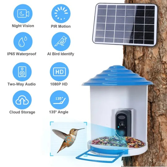 Smart Bird Feeder With Solar Powered 1080P Camera, AI Identify, PIR Motion, Two-Way Audio (IP65)