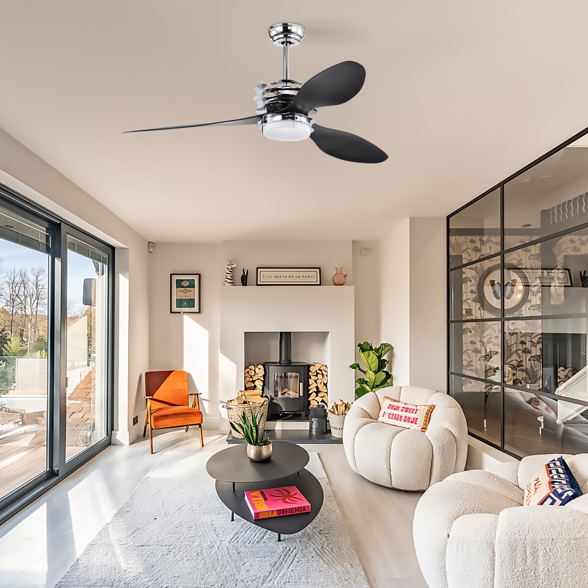 ABS Blades Ceiling Fan With Lights And Remote 6 Speeds Adjustable, DC Motor Modern 52" Ceiling Fan with 3 ABS Blades & 2 Down Rods