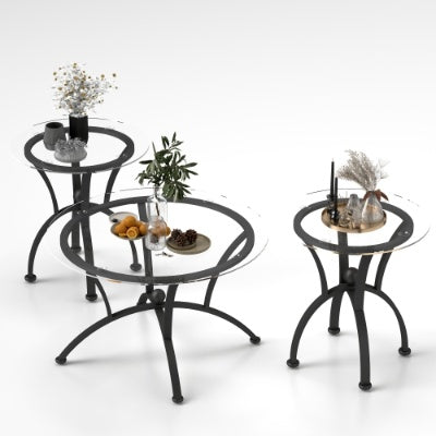 3 Piece Tempered Glass Coffee Table Set Rustic Black - View 9