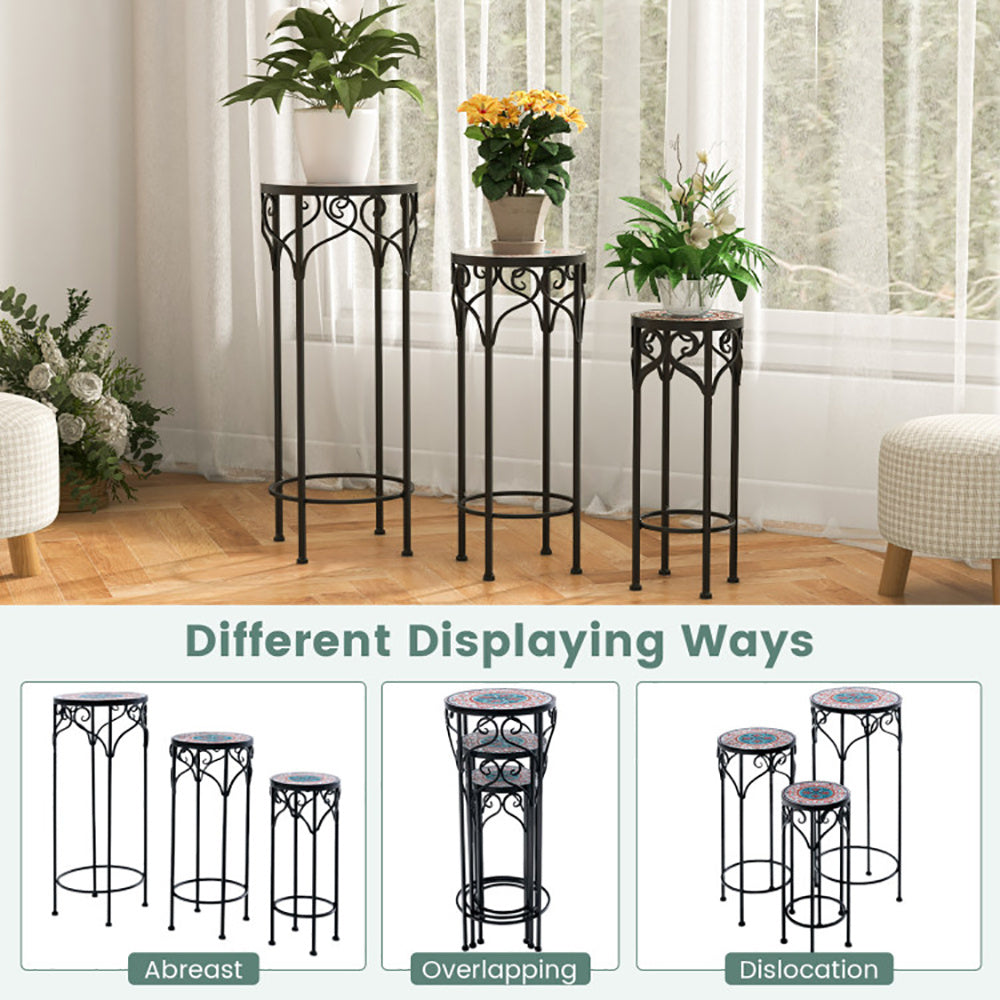 Coocosh Decorative Plant Stands Set, Elegant metal design with intricate details, Black finish, Three varying heights for versatile display options, perfect for indoor gardens.