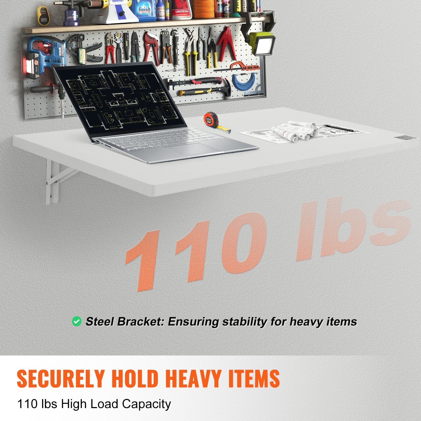 VEVOR Wall Mounted Folding Table, Wall Mount Drop Leaf Table, Floating Desk With Iron Bracket, Fold Down Desk For Small Spaces, Home Office, Dining, Laundry Room, Kitchen, Bar, White