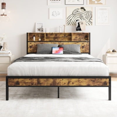 Coocosh Bed Frame with Integrated Storage, crafted from durable wood and metal, featuring a rustic brown finish, queen size dimensions, showcased in a stylish bedroom setting.