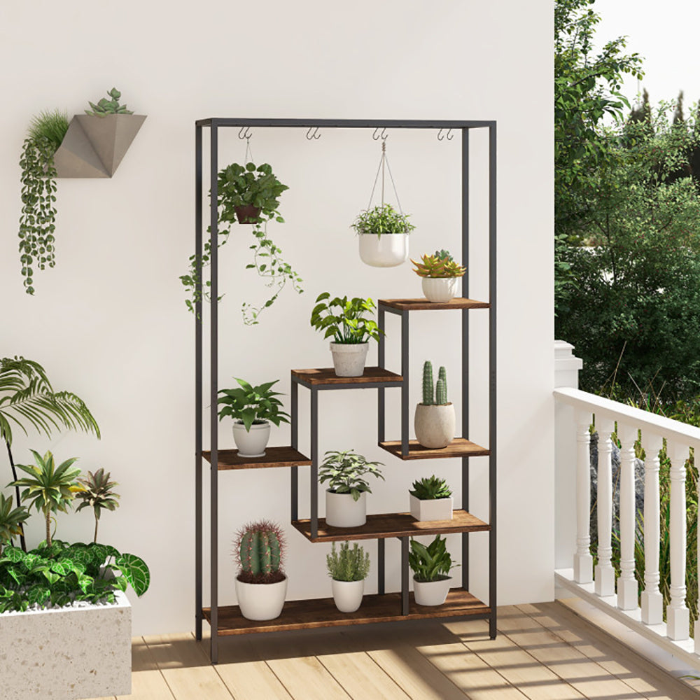 Coocosh Plant Stand with Sturdy Metal Frame, Natural Wooden Shelves, Multi-Plant Display, Black and Brown, Ideal for Indoor and Outdoor Use, Perfect for Small Spaces and Gardening Enthusiasts.