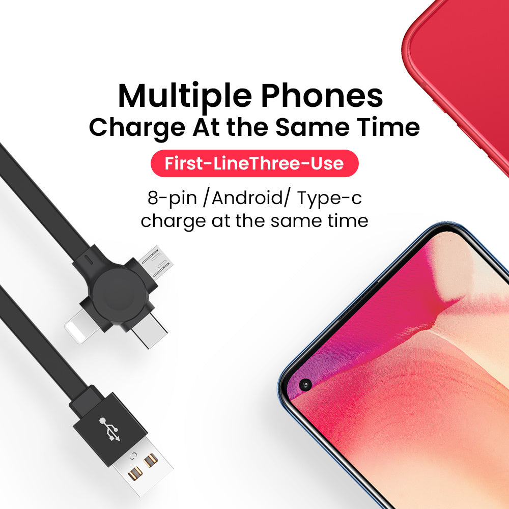 Retractable 3-in-1 Charging Cable with Stand & Storage (USB-A to USB-C/Micro/Lightning, 100 cm, 0.3 A (USB-A Input + 3 Tips)