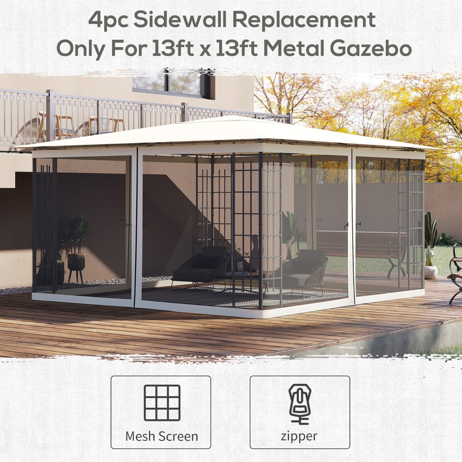 Outsunny 13' X13' Replacement Mesh Sidewall Netting For Patio Gazebos And Canopy Tents With Zippers