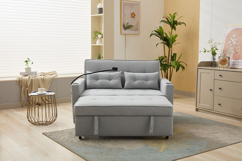 Futon Chair Bed Convertible 3-in-1 Pull-Out Sleeper with USB Ports, Wear-Resistant Leather Armchair Bed for Living Room