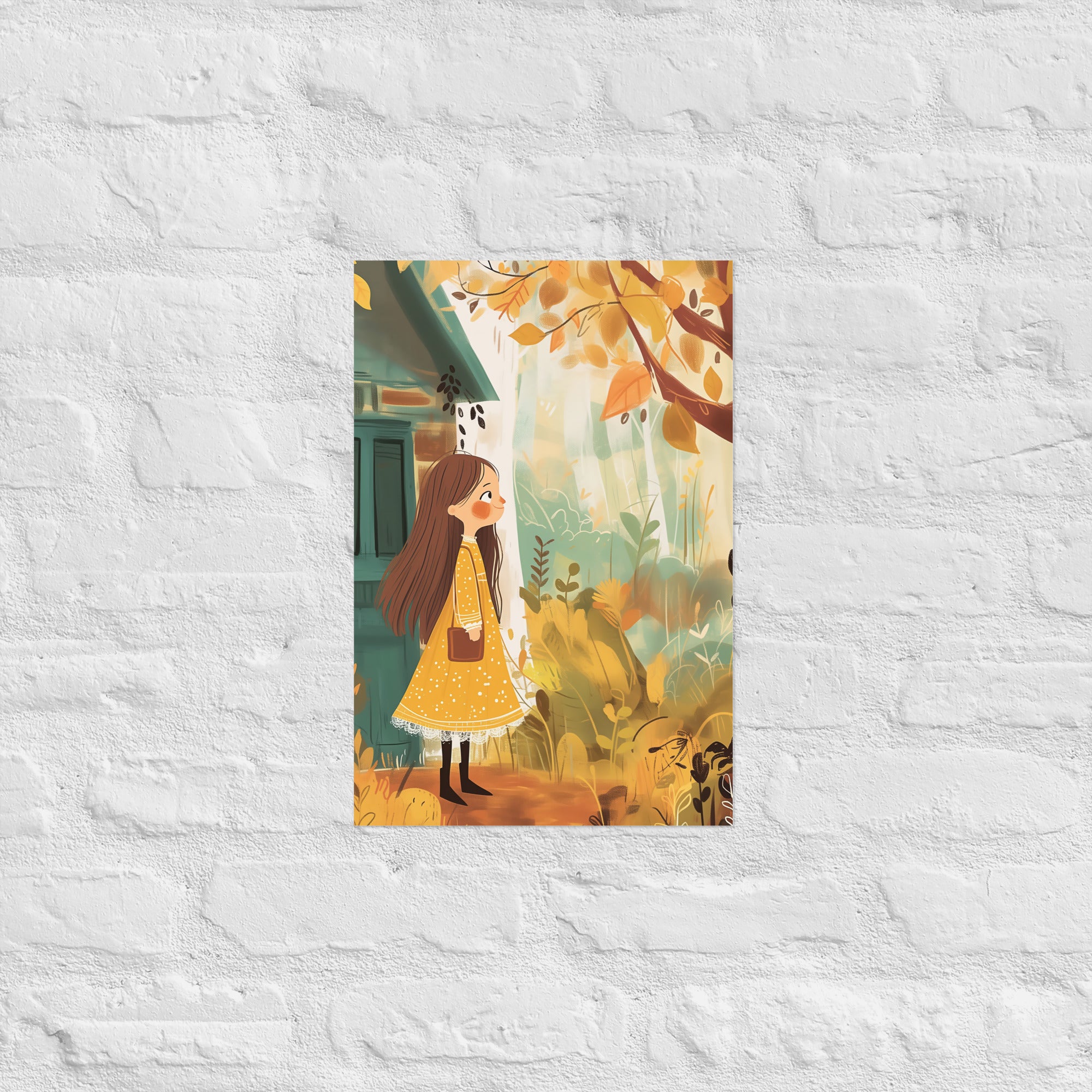 Coocosh Autumn Explorer - a vibrant kids' room poster featuring a whimsical girl in a yellow dress, set against warm autumn foliage. This museum-quality art invites creativity and cozy warmth, transforming any space into a nurturing haven for exploration.
