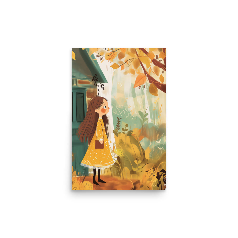 Coocosh Autumn Explorer poster, featuring a girl in a vibrant yellow dress thoughtfully standing among falling leaves outside a cozy cabin, brings warmth and inspiration to kids' rooms with its museum-quality design and premium craftsmanship.