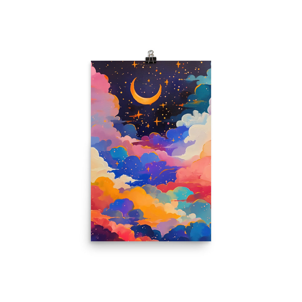 Coocosh Celestial Dreamscape poster featuring a captivating crescent moon and vibrant clouds in shades of blue, pink, and orange, expertly crafted on thick matte paper to inspire imagination and elegantly enhance any interior space.