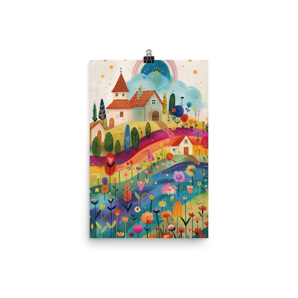 Coocosh Rainbow Meadowscape, a whimsical village floral poster that brightens children's rooms with vibrant colors and playful shapes, inspiring creativity and joy in every corner of your home. Enjoy museum-quality art that transforms spaces.