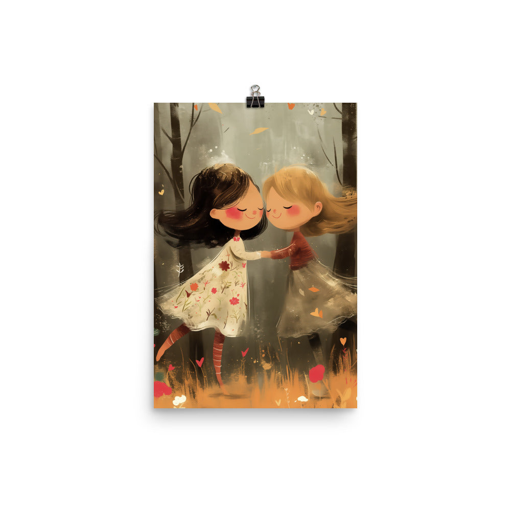 Coocosh Whimsical Heartfelt Dance poster captures the joy of childhood with two girls dancing in a vibrant forest. Printed on thick matte paper, this enchanting artwork adds playful inspiration to any bedroom or playroom decor.