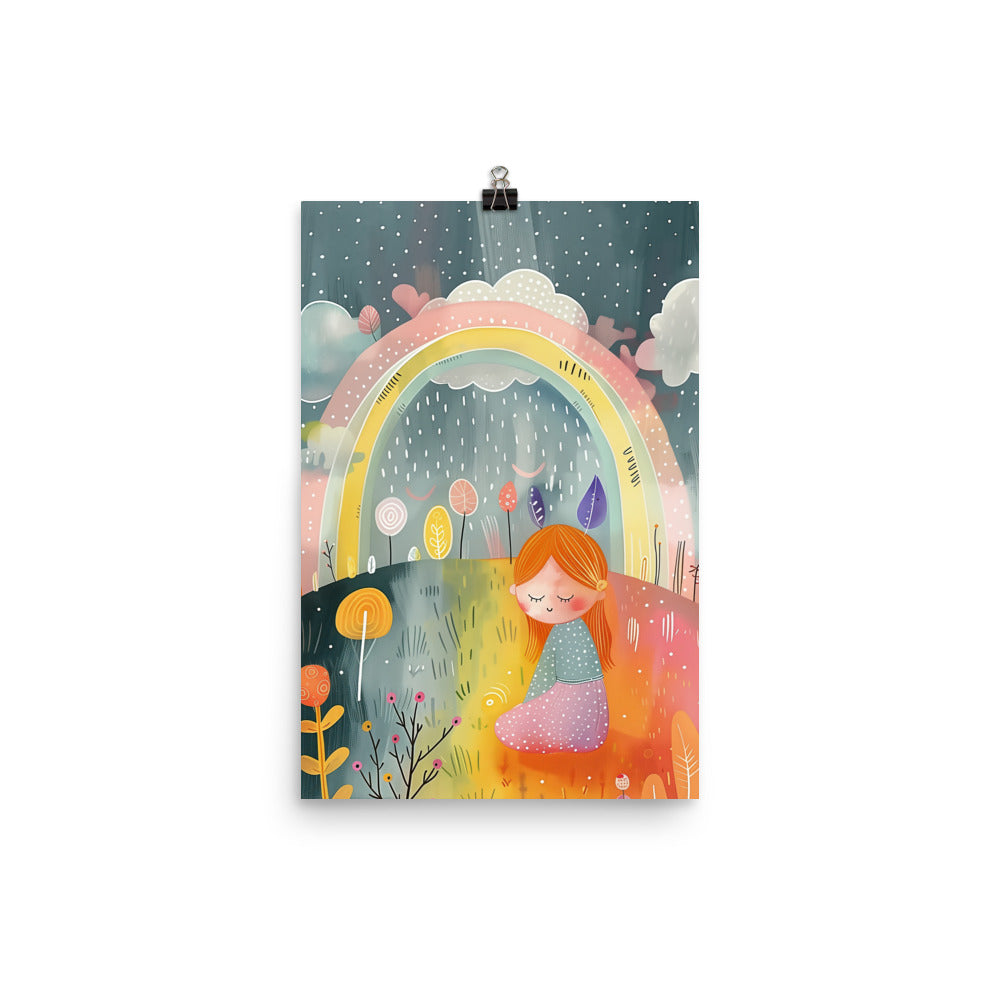 Coocosh Rainbow Serenity poster, showcasing a whimsical landscape with vibrant colors and a joyful girl amidst playful clouds and flowers. This museum-quality wall art brings cheerful energy to any space, inspiring creativity and enhancing your home decor.