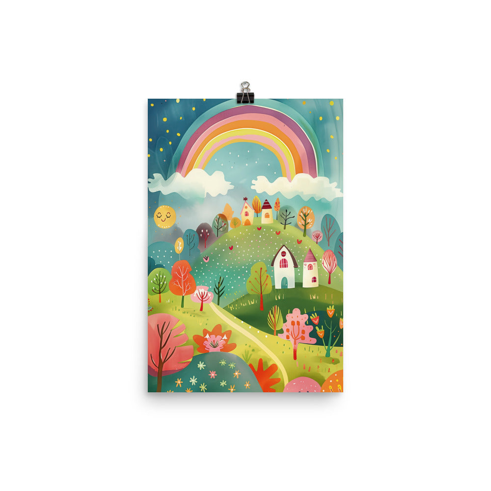 Coocosh Rainbow Haven kids' room poster, showcasing a whimsical landscape with a vibrant rainbow over lush hills and colorful homes, crafted on thick matte paper for enduring charm—infusing joy and creativity into playrooms with vivid, eco-friendly art.