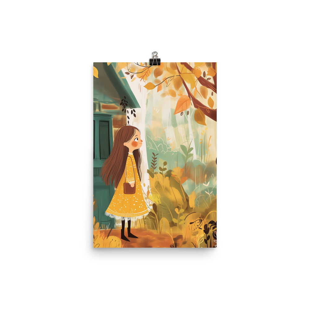 Coocosh's Autumn Explorer poster captures a whimsical scene of a girl in a yellow dress amidst vibrant autumn leaves, infusing warmth and creativity into kids' rooms with its museum-quality design and premium craftsmanship.