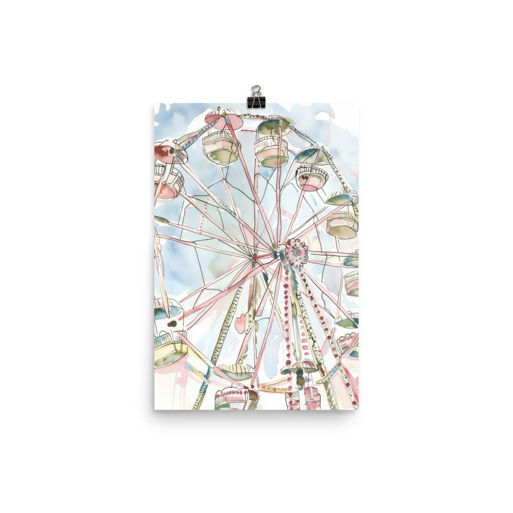 Coocosh Joyful Carousel Dreams Ferris Wheel poster, an enchanting watercolor piece that adds whimsy to children's rooms, igniting imagination with its soft pastel palette and premium craftsmanship for a delightful home decor transformation.