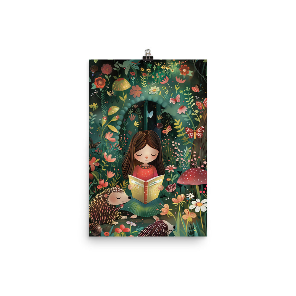 Coocosh Whimsical Reader poster, featuring a girl immersed in a vibrant, enchanted forest, invites creativity into children's rooms or workspaces. Crafted with museum-quality materials, it adds a touch of magic and sustainability to your decor.