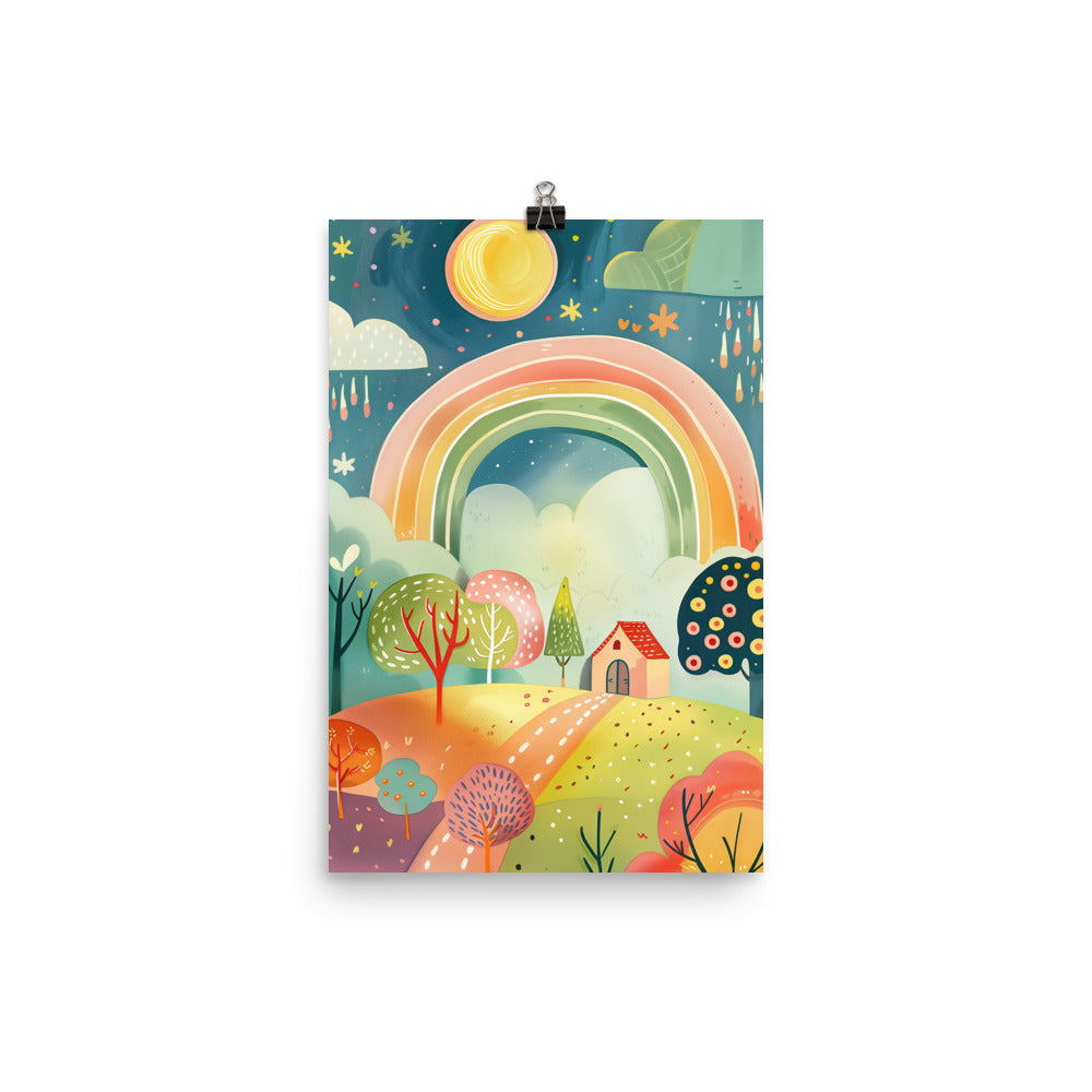 Coocosh Rainbow Bliss poster, a vibrant landscape illustration featuring a whimsical house, colorful trees, and a dreamy rainbow, brings enchanting cheer to kids' rooms, inspiring imagination and creativity with its museum-quality print and durable design.