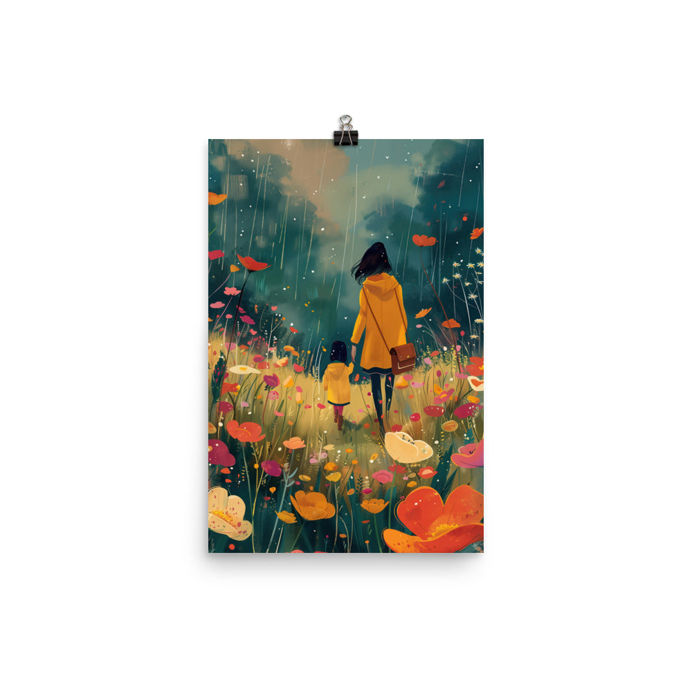 Coocosh Rainy Day Wanderers poster, featuring a serene illustration of a figure in a yellow coat amid a vibrant floral field, perfect for inspiring creativity and tranquility in children's rooms or living spaces, printed on premium thick matte paper.