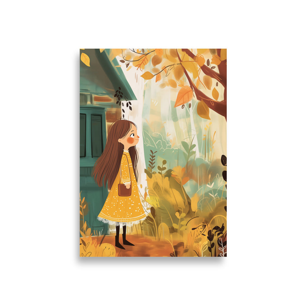 Coocosh Autumn Explorer poster, featuring a whimsical illustration of a girl in a yellow dress amidst vibrant autumn hues, perfect for brightening children's rooms and inspiring imaginative play with its museum-quality craftsmanship.