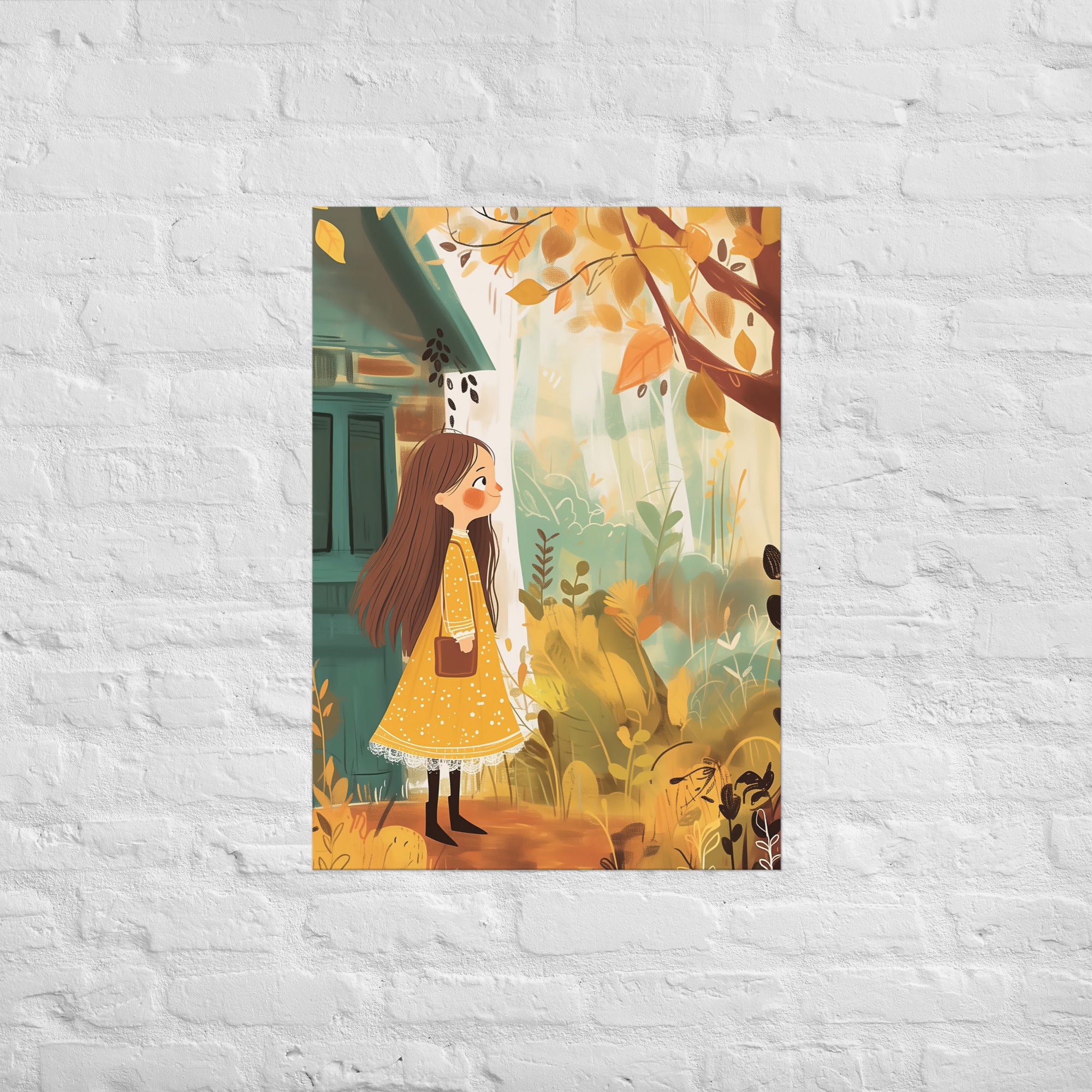 Coocosh Autumn Explorer: A whimsical illustration of a girl in a yellow dress among vibrant autumn leaves, perfect for inspiring creativity in kids’ rooms with its museum-quality craftsmanship and vivid colors.