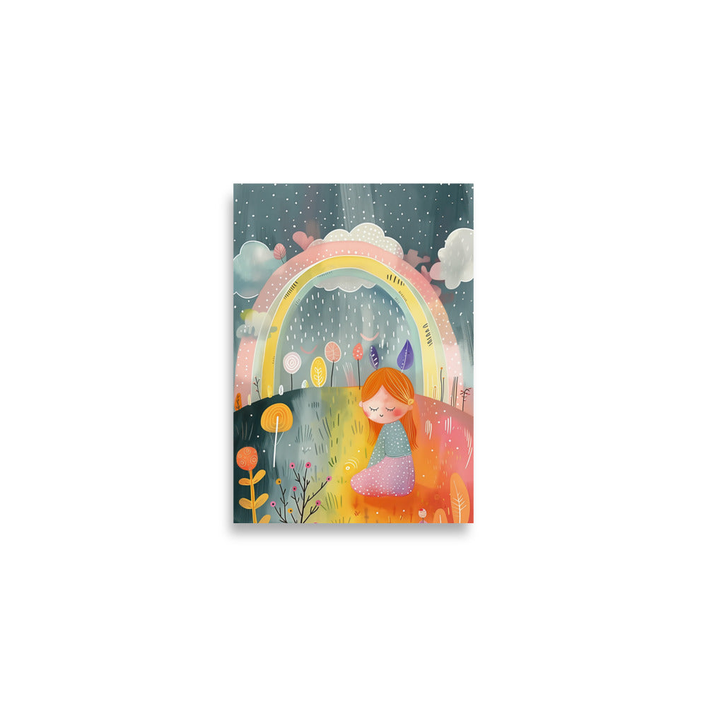 Coocosh Rainbow Serenity poster featuring a whimsical rainbow above a tranquil landscape, with a girl peacefully surrounded by flowers; a vibrant, museum-quality art piece that brings joy and serenity to any home decor.