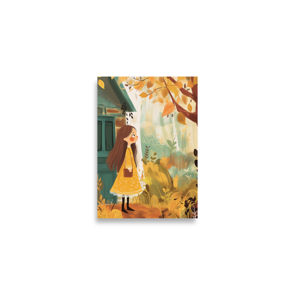 Coocosh Autumn Explorer poster features a whimsical girl in a yellow dress, surrounded by rich autumn hues. This museum-quality art adds a warm, inviting touch to kids' rooms, sparking creativity and seasonal joy through its vibrant design.