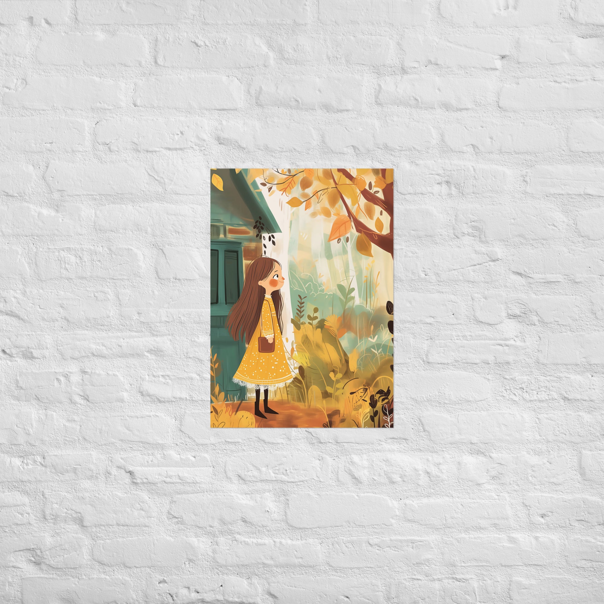 Coocosh Autumn Explorer poster captures the essence of whimsy, featuring a joyful girl in yellow amidst vibrant fall foliage. This museum-quality art piece adds a touch of creative charm to children’s spaces, inspiring imagination and play.