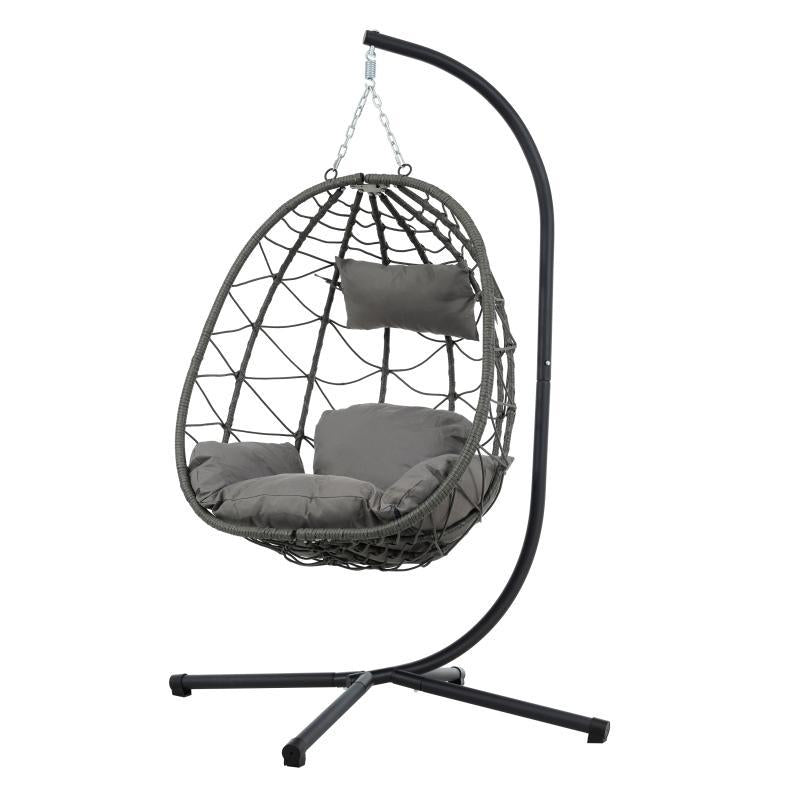 Indoor & Outdoor Hanging Egg Swing Chair with Stand — Patio Wicker Basket Chair (Dark Grey)