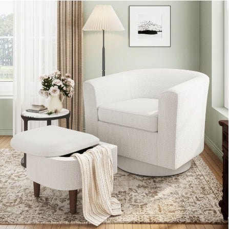 COLAMY Swivel Barrel Accent Chair With Ottoman, Modern Single Sofa, Upholstered Armchair With Storage Space For Home, Beige