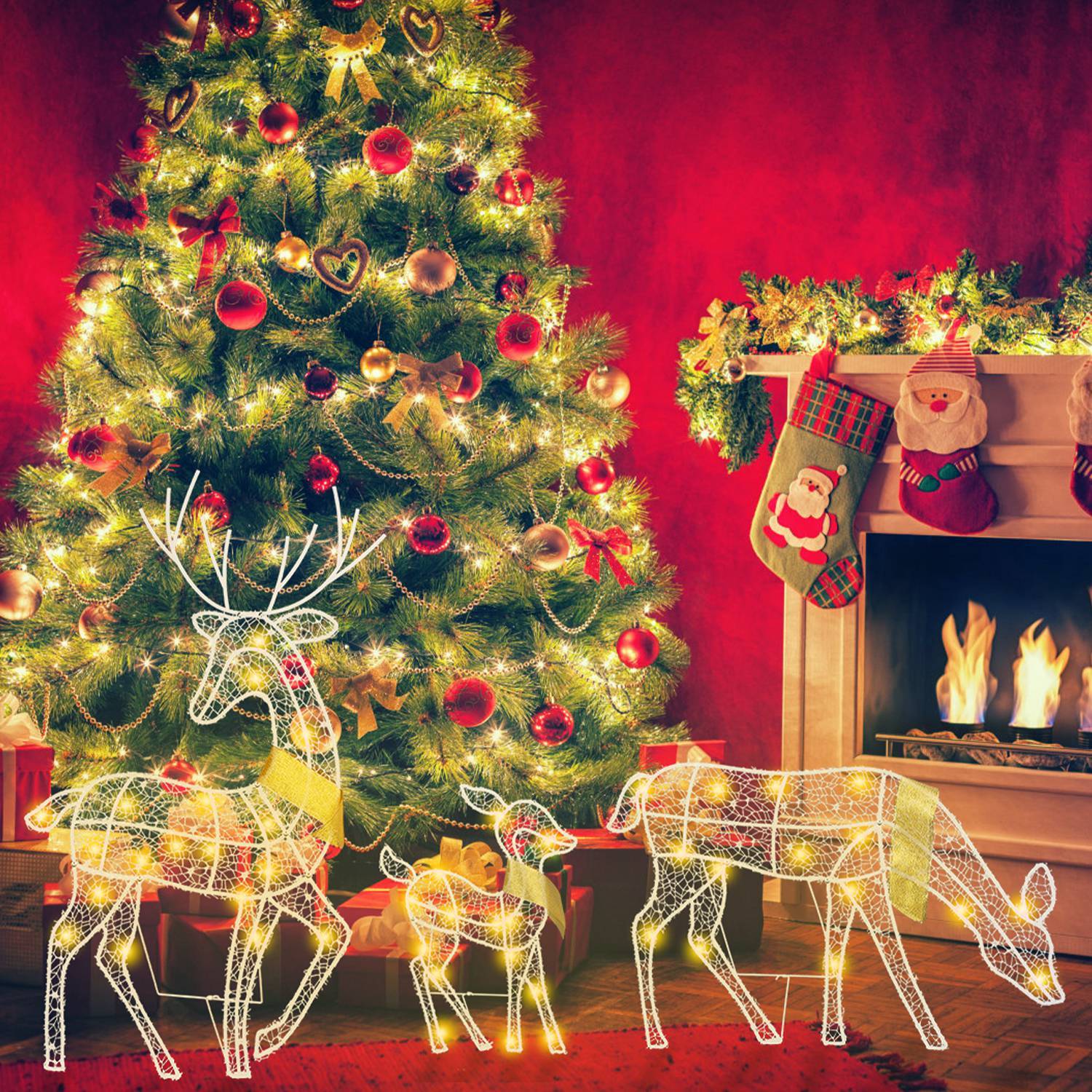 3 Sets Lighted 2D Reindeer Family — Warm Yellow LED Christmas Decoration (Buck, Doe, Fawn)