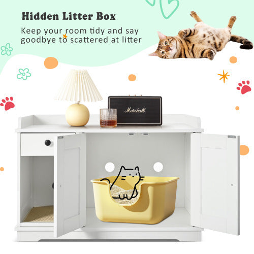 GO Cat Litter Box Enclosure, Hidden Litter Box Furniture with Storage Drawer & Mat — Farmhouse White