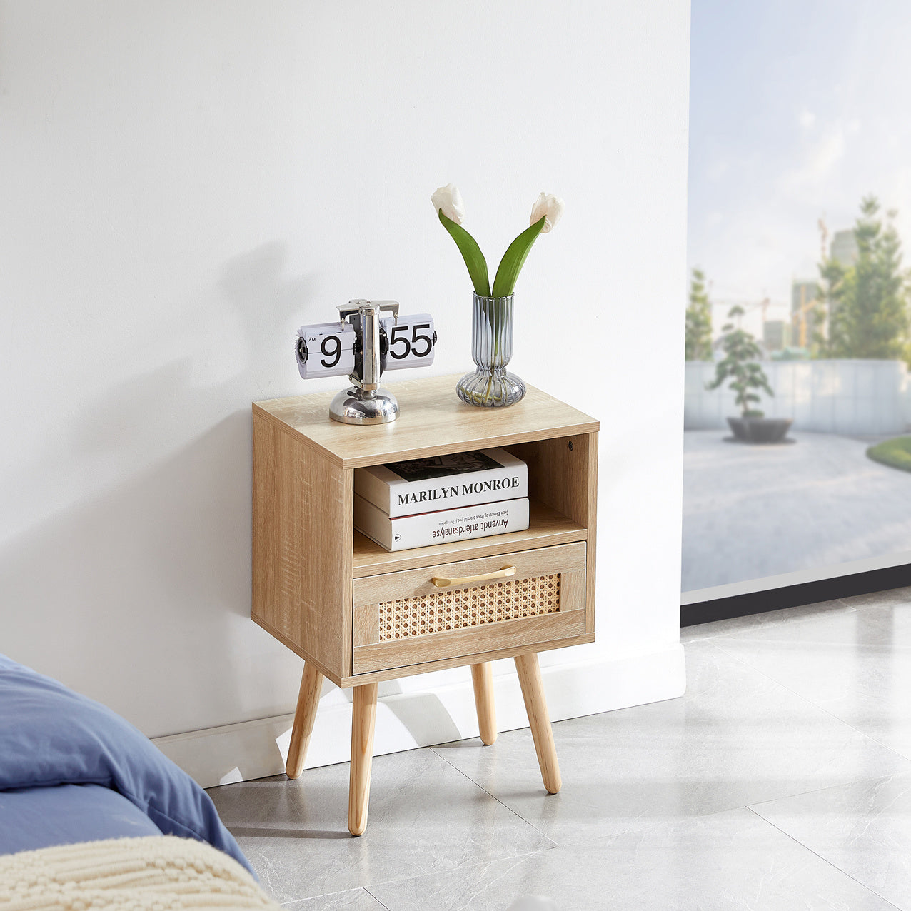Rattan End Table Drawer Solid Wood Legs Nightstand - View 4