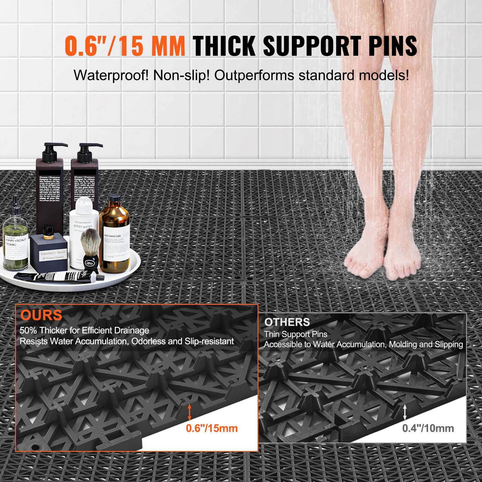 VEVOR Interlocking Tile 50PCS Black, Drainage Tiles Splicing, Soft PVC Interlocking Drainage Floor Tiles, Non-Slip Drainage Holes For Restroom, Bathroom, Kitchen, Pool, Wet Areas