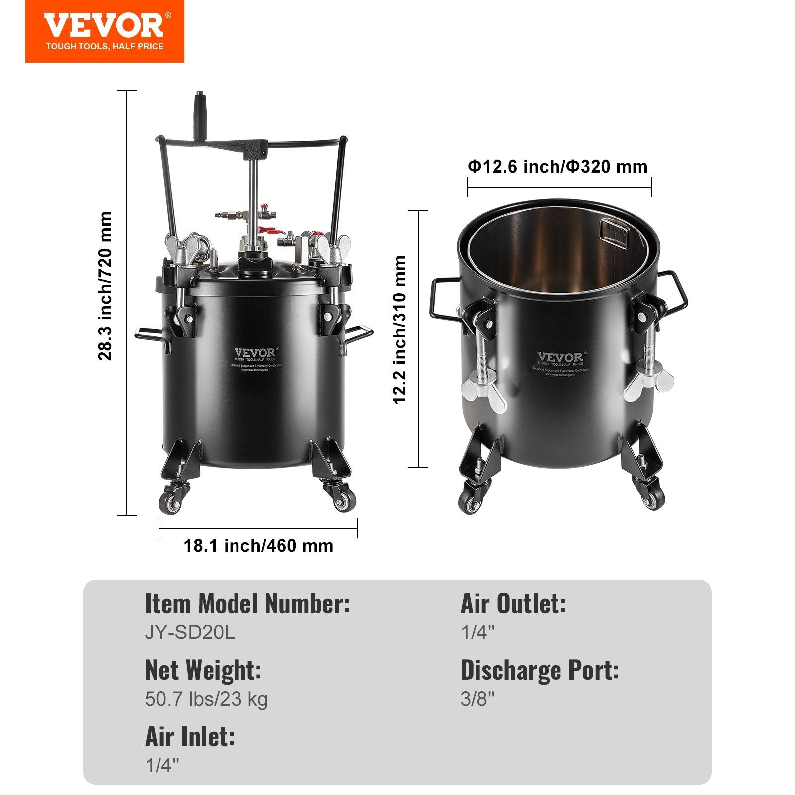 VEVOR Spray Paint Pressure Pot Tank 20L (5gal) With Casters