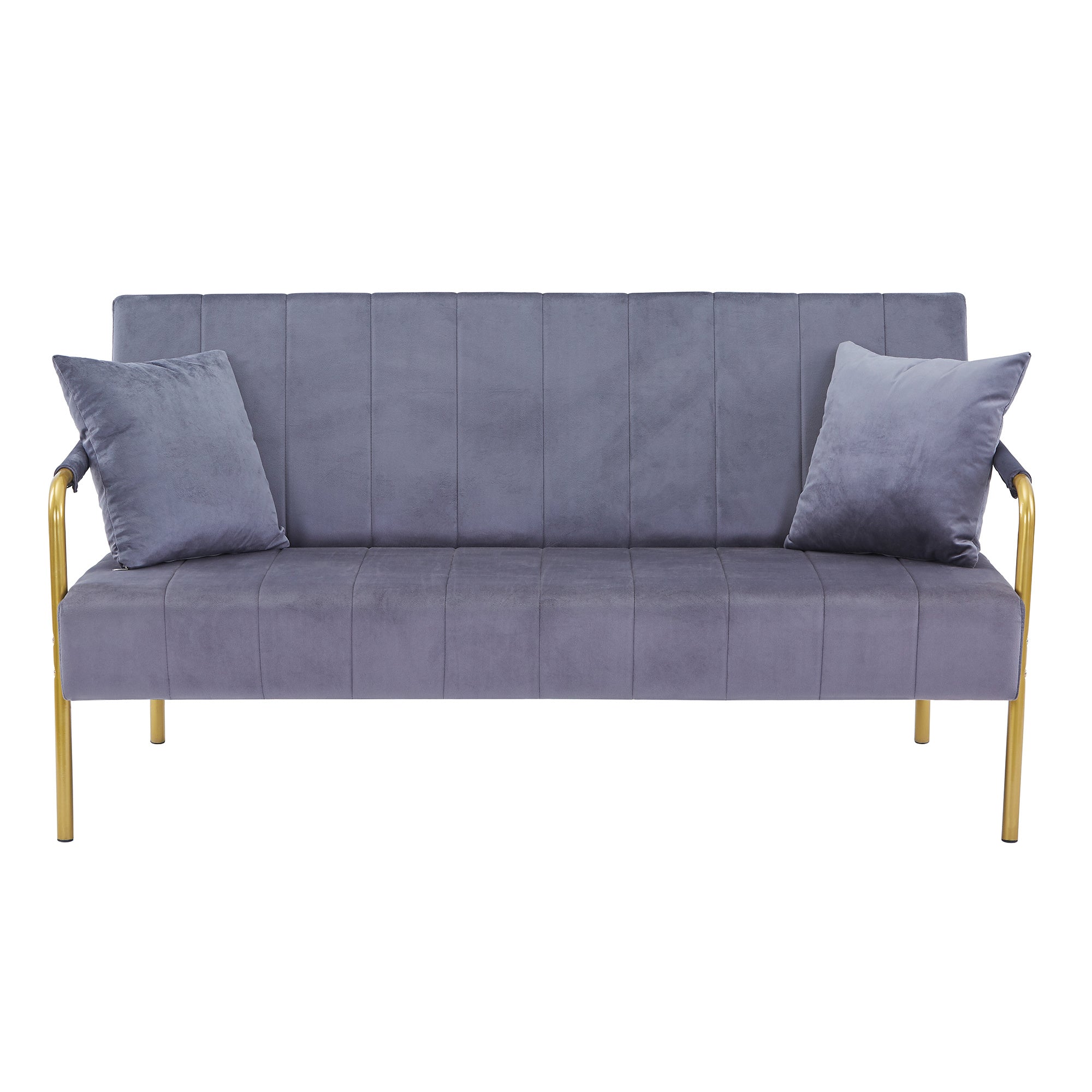 Coocosh modern sofa with plush velvet upholstery in a sophisticated slate gray, featuring sleek gold metal legs and two matching throw pillows, presented as a front view for a stylish living room accent.