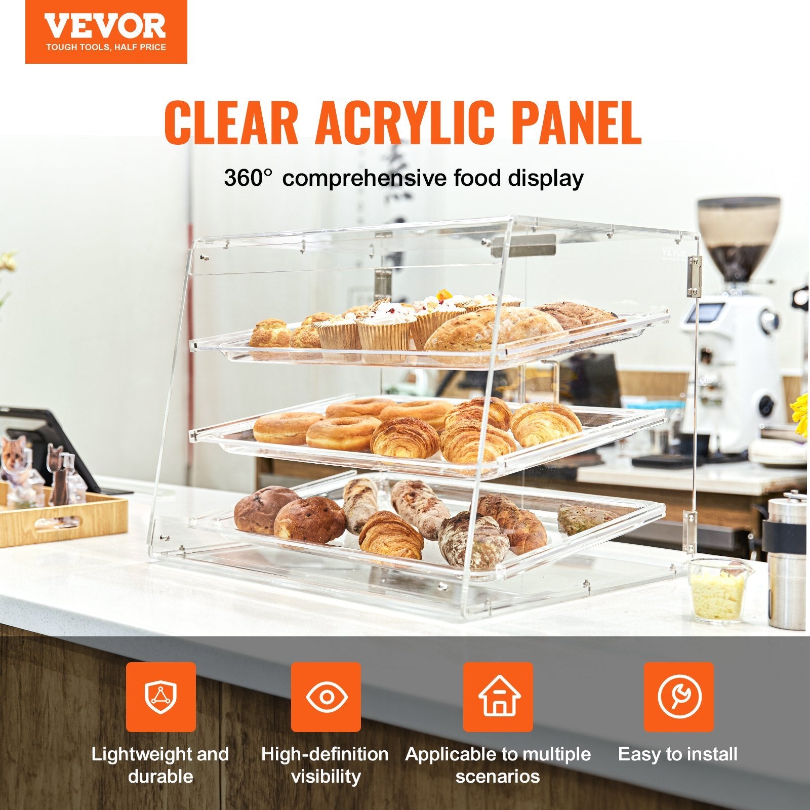 VEVOR Pastry Display Case, 3-Tier Commercial Countertop Bakery Display Case, Acrylic Display Box With Rear Door Access Removable Shelves