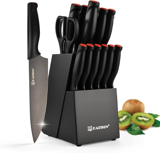 KATISUN Knife Set featuring high-carbon stainless steel blades, ergonomic black handles, and a sleek black storage block, including a chef's knife and scissors, presented with fresh kiwis and fruits for a vibrant kitchen context.