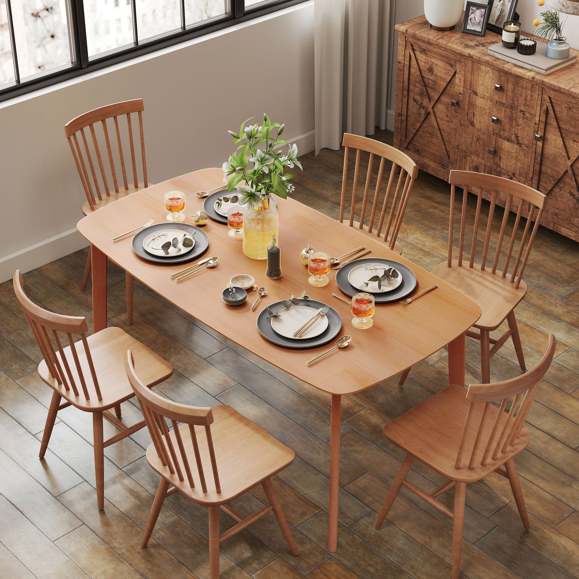 Pine Wood 59in Dining Table 6 Rustic Rectangular Natural - View 3