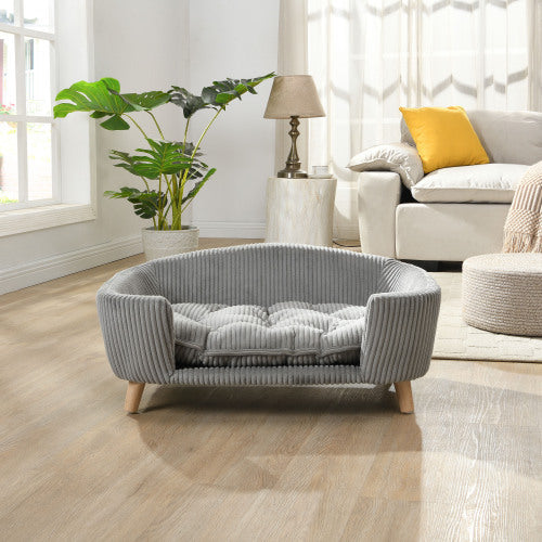 Elevated Dog Bed Frame For Small Dog, Corduroy Pet Couch Bed With Rubber Wood Legs And Supportive Foam, Gray, Easy Assembly